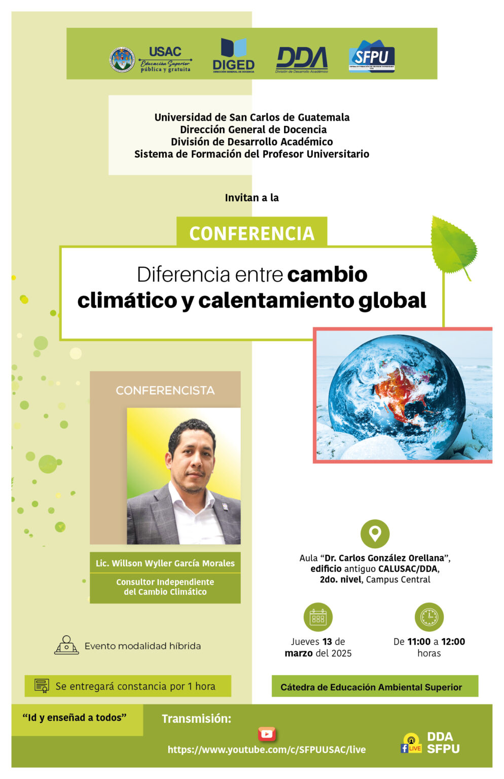 Afiche, Cátedra de Ambiente - Conferencia diferencia entre Cambio climático y calentamiento Global -Marzo 2025-