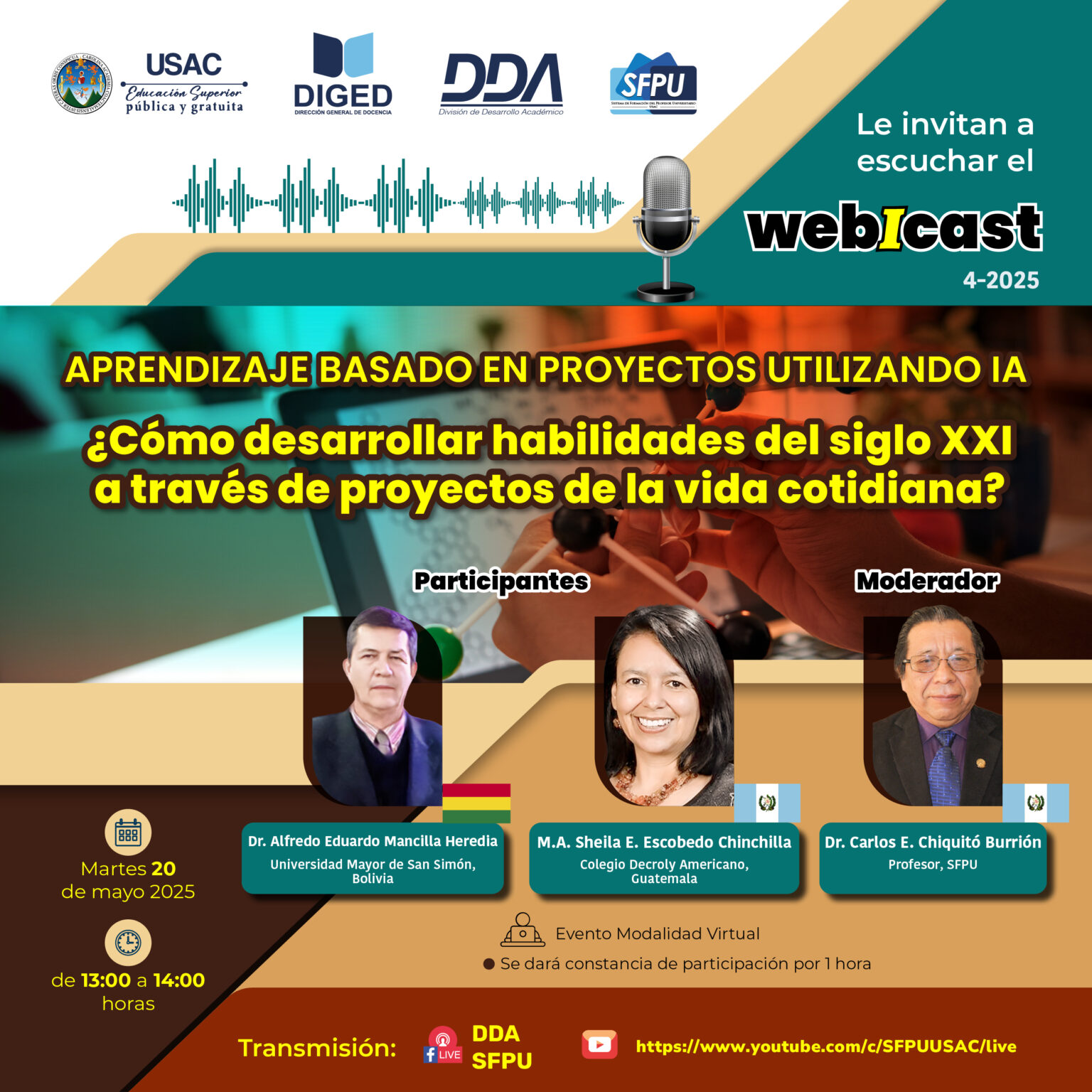 Afiche Webicast Aprendizaje basado en proyectos utilizando IA - Cómo desarrollar habilidades del siglo XXI a través de proyectos de la vida cotidiana - Mayo 2025-
