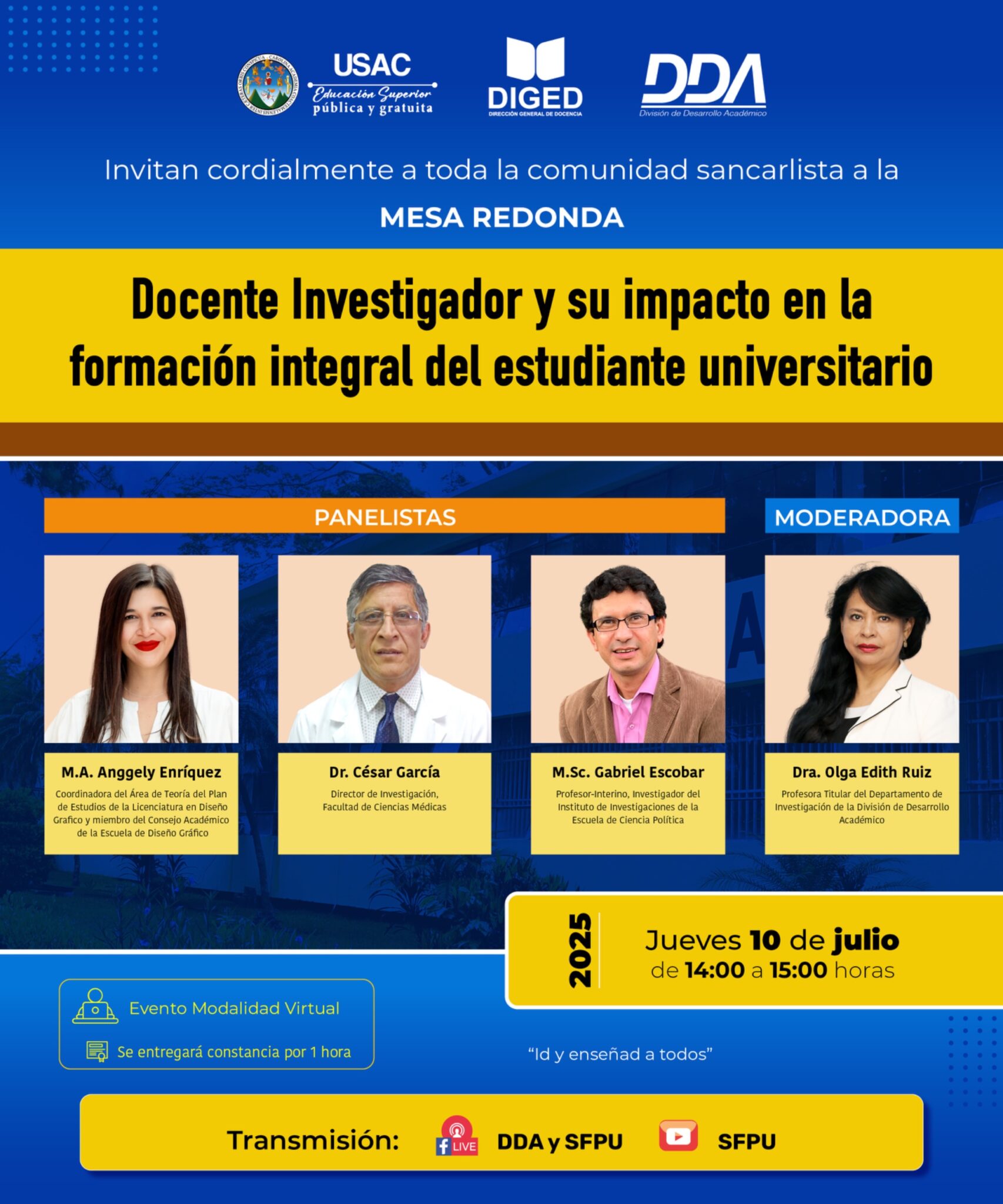 Afiche Mesa Redonda Docente Investigador y su impacto en la formacion integral del estudiante universitario - julio 2025