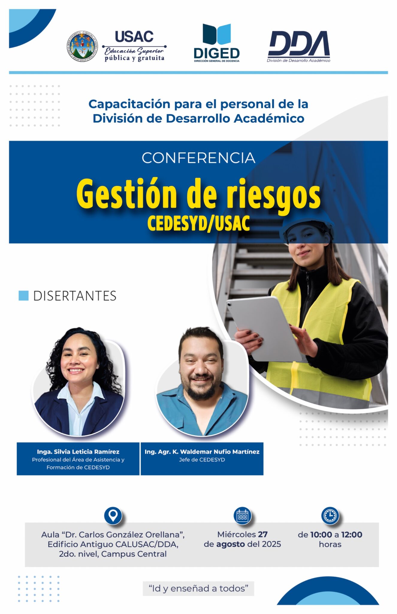 Afiche Capacitación Interna DDA - Conferencia Gestión de riesgos por CEDESYD 27-08-2025