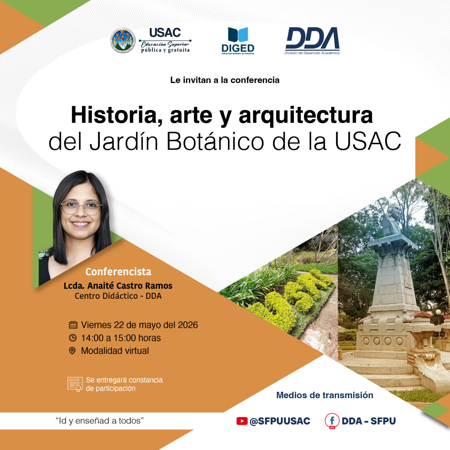 Afiche Anaité mayo 2026 Historia, arte y arquitectura del Jardín Botánico de la USAC -MAYO 2026-